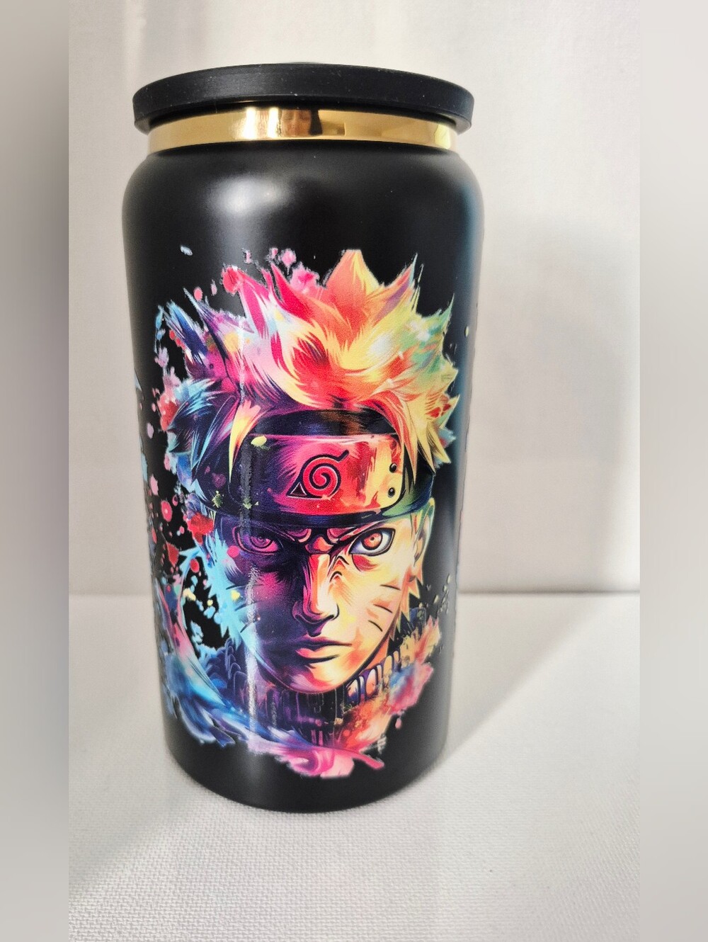 Naruto Watercolor Anime Travel Insulated 16oz Stainless Steel Can Black Gold